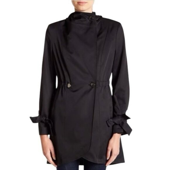 French Connection Hooded Tulip Hem Trench Coat Women’s S Black Satin Jacket - Picture 1 of 16